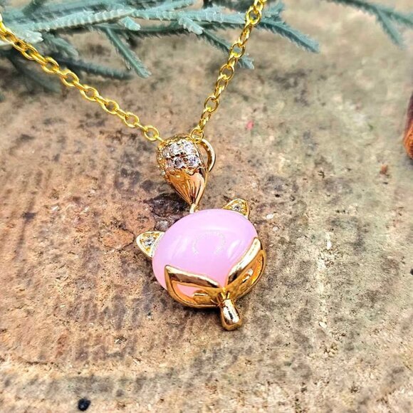 Nature Rose Quartz Gold Tone Fox Pendant Necklace - Picture 7 of 10